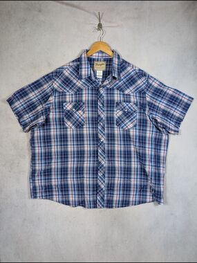 Wrangler Western Pearl Snap Shirt Men's Size 3XL Big Plaid Short Sleeve Blue